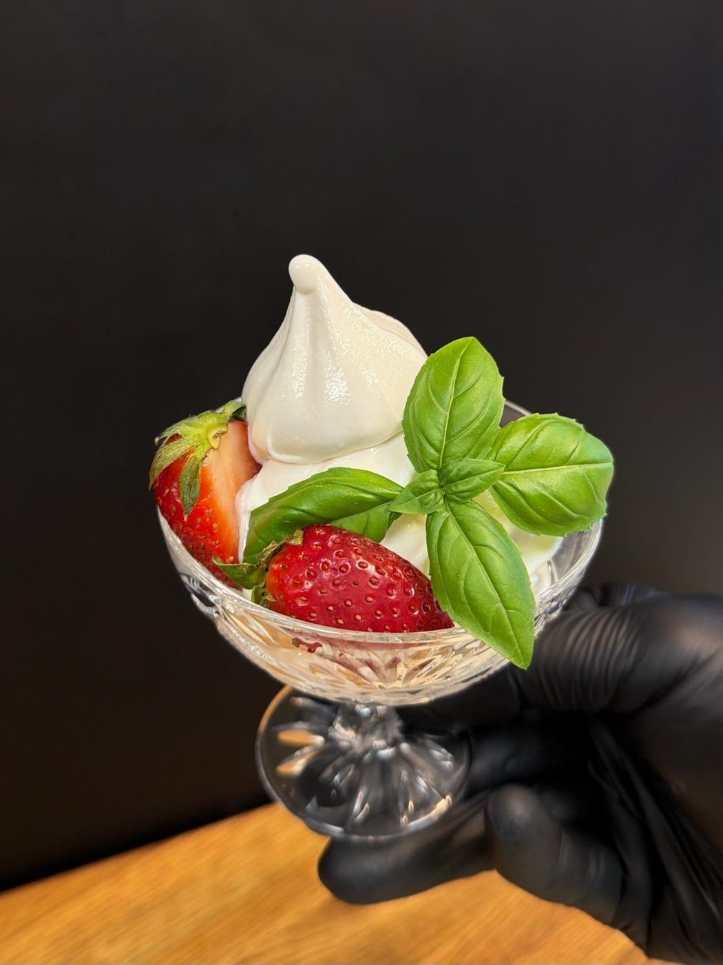 Revala soft serve with strawberries and basil